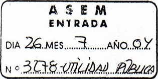 Sello de Registro de Entrada ASEM, 26 del 7 del 2004.Nº 3278-UTILIDAD PÚBLICA