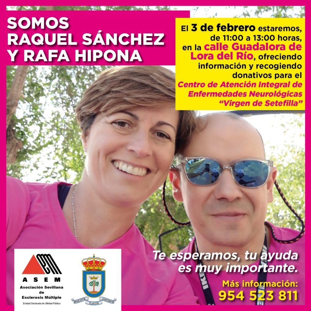 cartel de la jornada informativa del 3 de febrero en Lora del Rio, en la foto Rafa Hipona y Raquel Sánchez